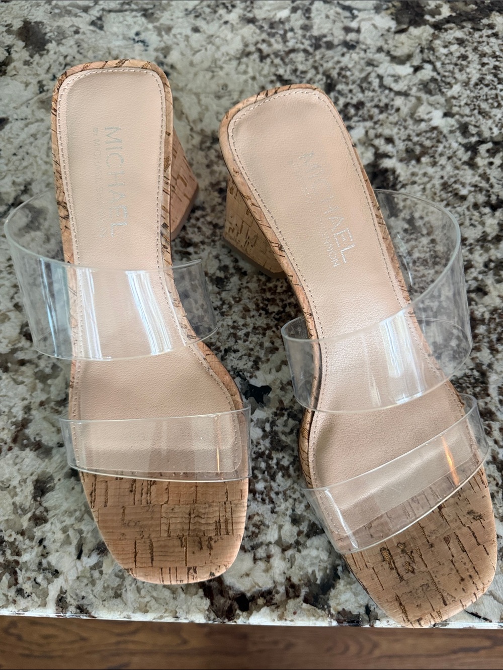 MICHAEL Nude Cork Clear Two-Band Block Heel Mules